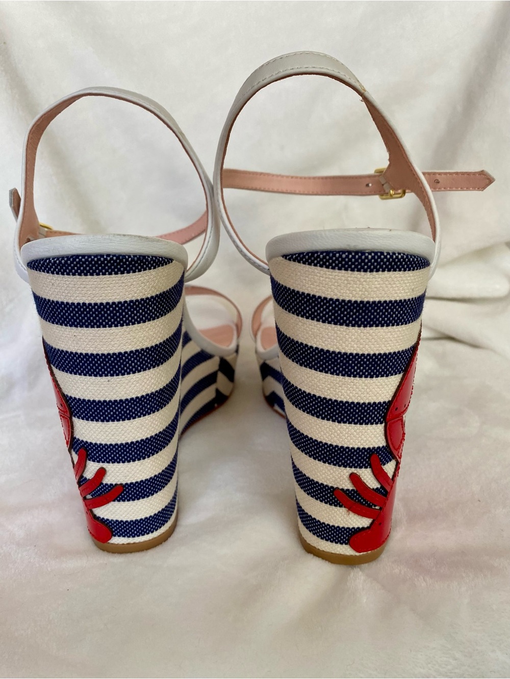 Kate Spade White Leather Stripe Wedge Sandals with Lobster Accent - Picture 5 of 7